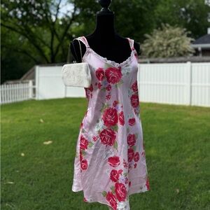Vintage Floral Pink and Red Slip Dress with White Lace